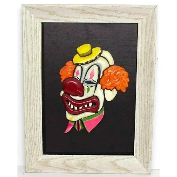 Vintage 1970s Mid Century 3D Abstract Smiling Clown Resin Artwork Framed RARE